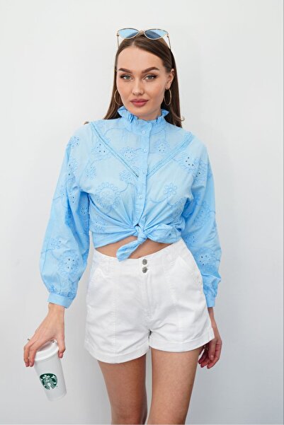 NEW JOURNAL Women's Blue Mandarin Collar Ruffled Scallop Shirt Pc6118