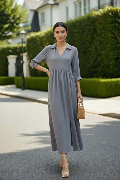 Mossta Truvakar Sleeve Shirt Collar Maxi Length Aerobin Dress - Gray