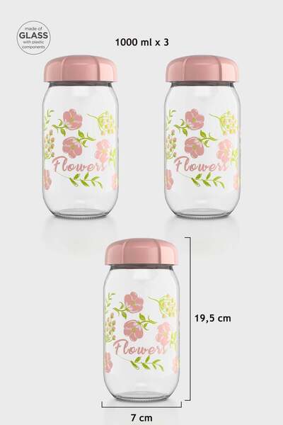 Renga Rhea 1000 ml Flower Patterned 3-Piece Glass Jar Set 132007 Pink