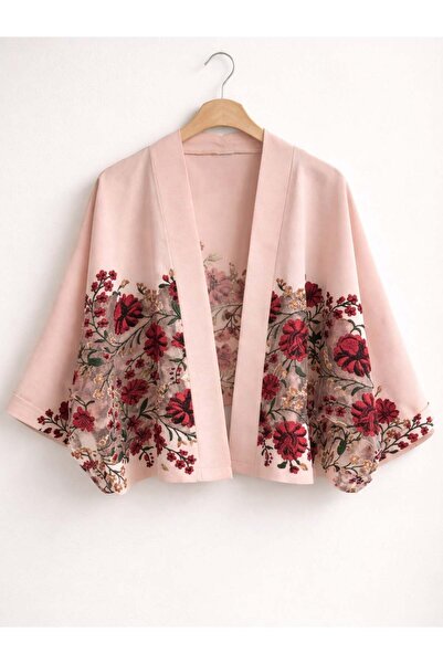 Retrobird Tasarım Transparan Çiçek Baskılı Boho Mini Kimono Kadın Yavruağzı