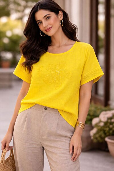 AGORATEKSTİL Women's 100% Linen Fabric Daisy Patterned Oversize Short Sleeve ...