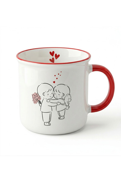 FUGO CONCEPT Romantik Çift Tasarımlı 370 ml Porselen Kupa – Kırmızı Kulplu Se...