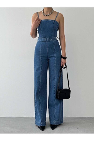 MODA DURAĞI Yüksek Bel Geniş Paça Jean Kemer Detaylı Tulum koyu mavi