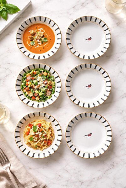 İLİVA Set of 6 Deep Plates – Stylish Dinner Plate with Black Stripes and Bird...