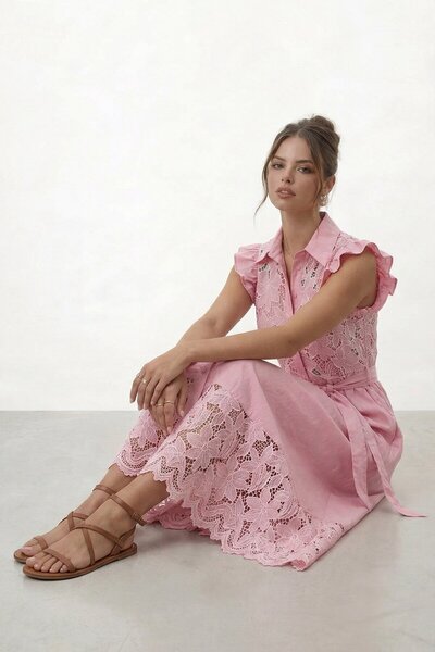 VAGGON Rochie midi cu mâneci cu volane și nasturi, cu detalii din dantelă