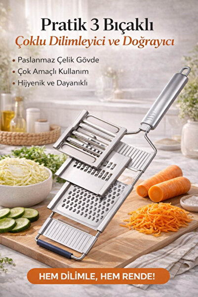 Anadolu Saray Profesyonel 3 Başlıklı Paslanmaz Çelik Sebze Doğrayıcı Rende Di...