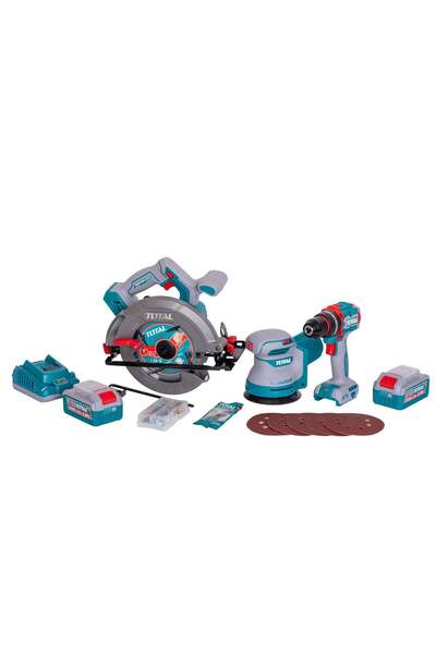 TOTAL Kit 20V – Fierastrau circular, Slefuitor , Masina de gaurit, 2 acumulat...