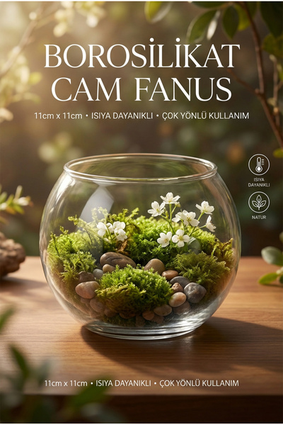 ERKUGO Borosilikat Cam Fanus 15cm x 11cm Yuvarlak Şeffaf Dekoratif Mumluk, Ca...