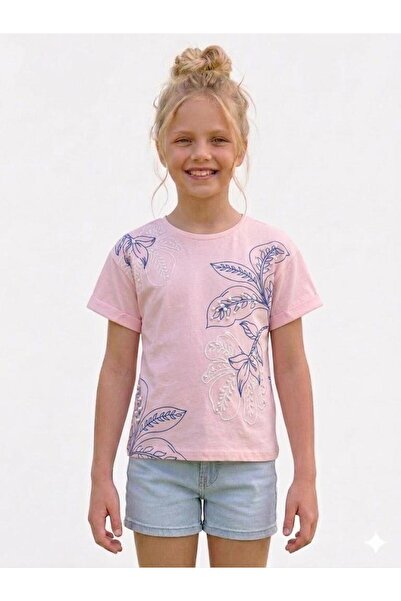 RAPAPA Girl's Powder Pink Floral Embroidered Short Sleeve T-Shirt 6776