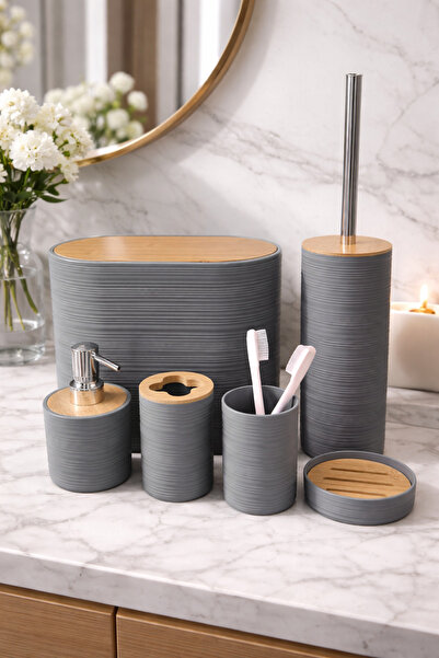 MAKRİ HOME 6 Piece Gray Bathroom Set, Bamboo Detail, 8L Trash Can 24X26X16 cm