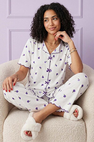 Niket Life ملابس نوم نسائية من الفيسكوز بنقشة اللافندر الصغيرة وياقة على شكل ...