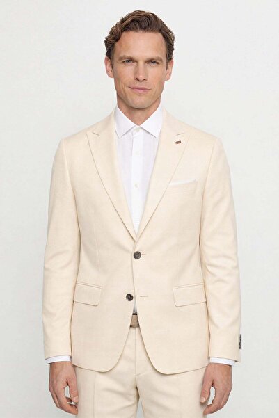 Sabri Özel Men's Beige Plain Pointed Collar Slim Fit 5 Drop Fully Lined Visco...