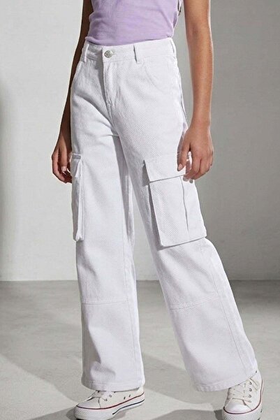 Escabel Kız Çocuk Gabardin Pantolon Kargo Cep Detaylı 10-14 Yaş, Beyaz