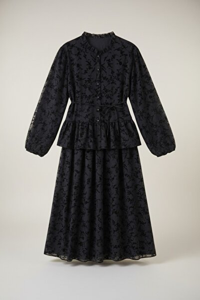 RosePearl Kadın Tesettür Etekli İkili Takım Flok Baskılı Dantel Detaylı İçi A...