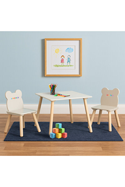 Suporto Set Masa si 2 Scaune pentru Copii din Lemn MDF, Scaun in Forma de Urs...