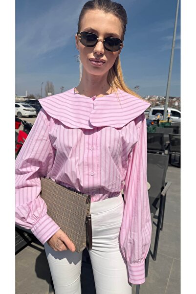 Buseüstüntürk atelier Bebe yaka pembe çizgili gömlek