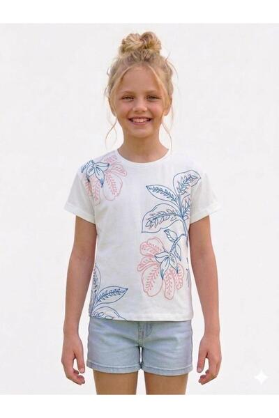RAPAPA Girl's White Floral Embroidered Short Sleeve T-Shirt 6776