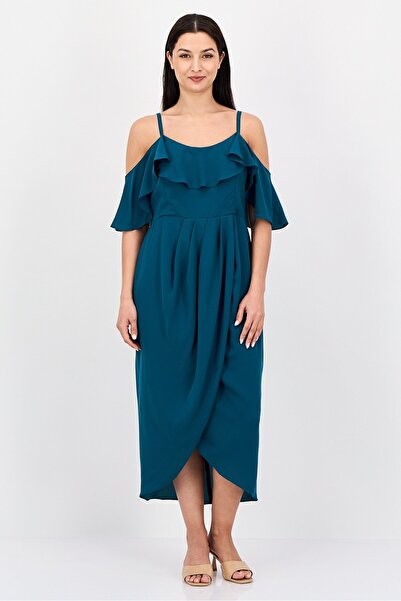 City Chic Women Plus Size Ruffle Detail Drape Midi Dress, Emerald