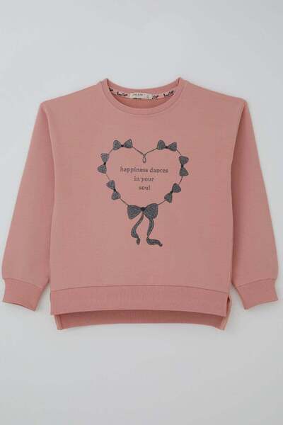 Breeze سويت شيرت بناتي مزين بشريط لامع وطبعة قلب، للأعمار من 9 إلى 14 سنة، لو...