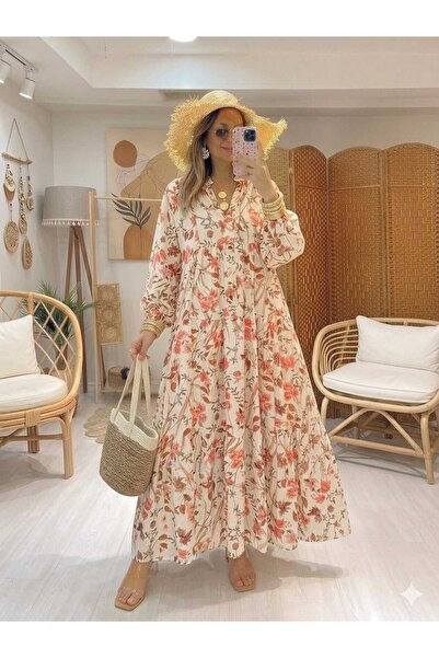 QUAWEAR V-Neck Patterned Viscose Fabric Full Length Dress