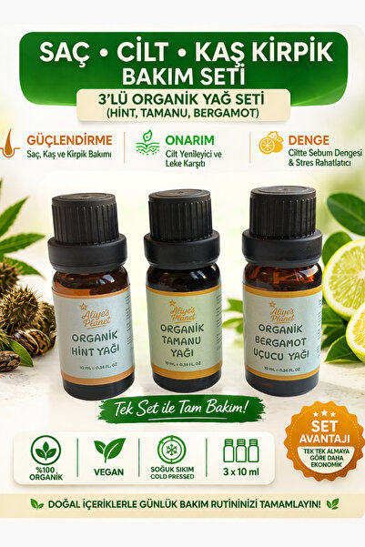 Aliye's Planet 3’lü Organik Yağ Set (Hint, Tamanu, Bergamot) | Cilt, Saç ve K...
