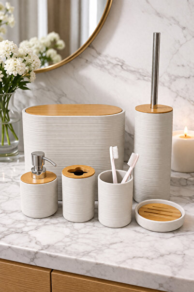 MAKRİ HOME 6 Piece Cream Bathroom Set, Bamboo Detail, 8L Trash Can 24X26X16 cm