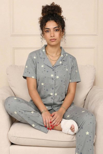 Niket Life Women's Star Patterned Shirt Collar Short Sleeve Long Cool Milan Fabric Pajama Set