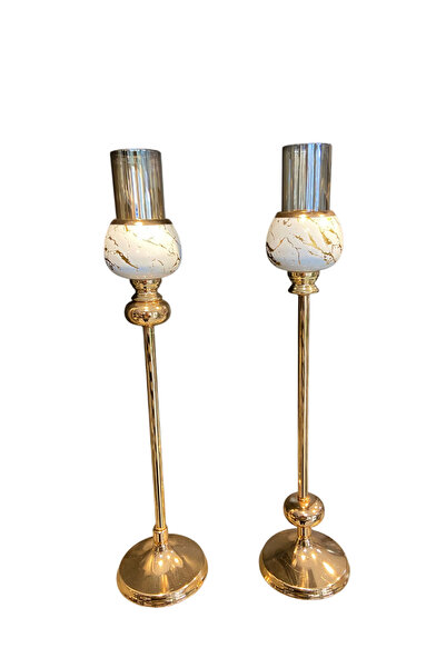mysecrethome Beyaz & Gold 2’li Şamdan ve Mumluk – 48 cm, Modern Tasarım, Şık ...