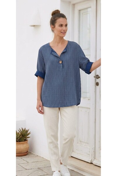 Butik Şans Women's Striped V-Neck Button Detailed Three-Quarter Sleeve Blouse