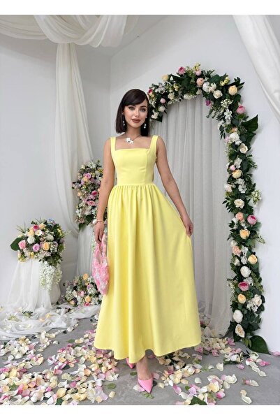 maf collection Kadın Sarı Kare Yaka Kalın Askılı Sırtı Fiyonk Detay Uzun Abiy...