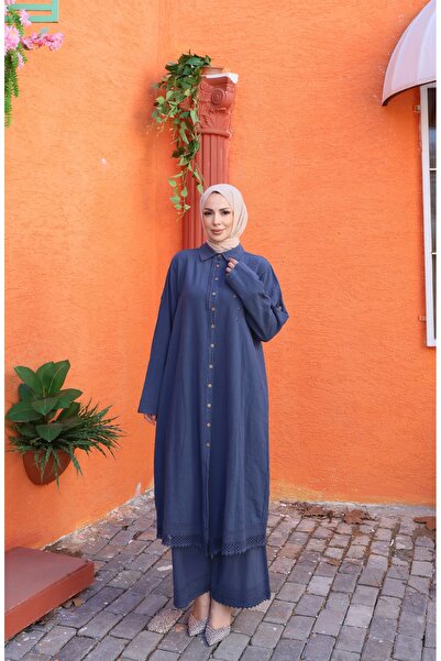 NİSUM MODA Σετ από βαμβακερό λινό με λεπτομέρεια κεντήματος γκιπούρ