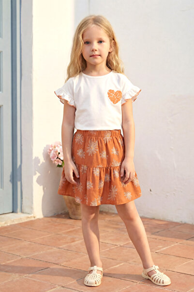 Minipodyum Girl's Top and Bottom Set with Skirt, Summer Printed