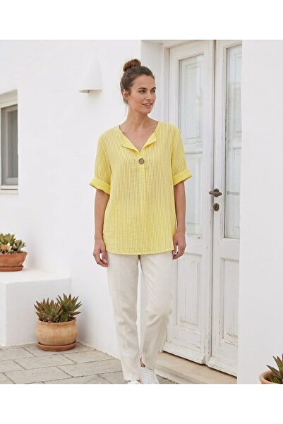 Butik Şans Women's Striped V-Neck Button Detailed Three-Quarter Sleeve Blouse