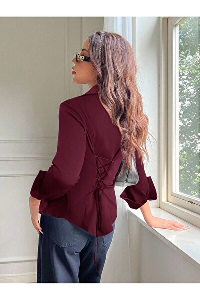 Tarz Cool Cămașă de damă cu șireturi la spate, croială slim, combinație casua...