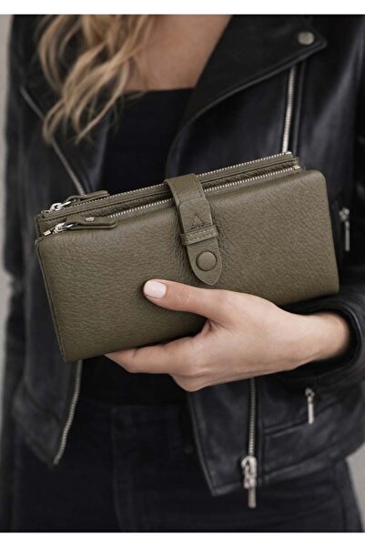 deri,se club Γυναικείο δερμάτινο πορτοφόλι σε χρώμα χακί με θήκη για κάρτες