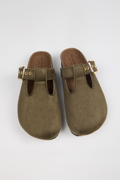 no miento شبشب ميريدا نسائي من الجلد النباتي بمشبك كاكي سابو