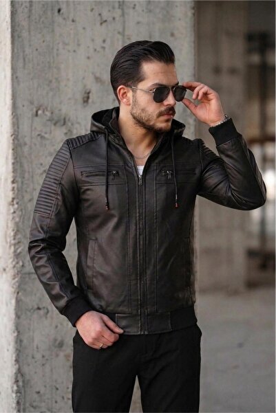 Oksit Kegg Men's Black Slim Fit Hooded Faux Leather Jacket with Shoulder Detail
