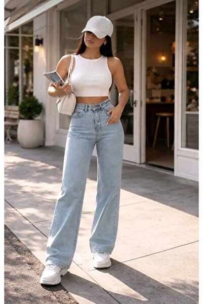 ON KLEEM بنطلون جينز نسائي من Blue Snowwash Lycra ذو خصر عالٍ للغاية وواسع ال...