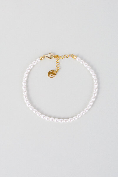 So CHIC... Beyaz İnci 18 Ayar Sarı Altın Kaplama 20 Cm Gümüş Charm Bileklik
