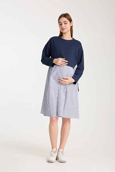 LİYACA Striped Combed Cotton Maternity Tunic Dress