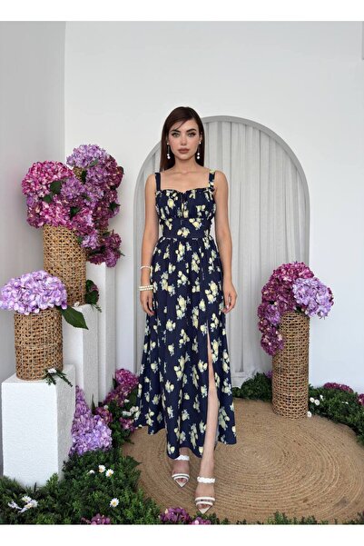 Miss Beyoğlu Women's Navy Blue Lemon Printed Dress with Slit Detail