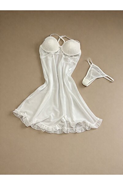 LUNA CH Pure Desire Beyaz Tül Gecelik | Dantel Detaylı Transparan Fantazi Gec...