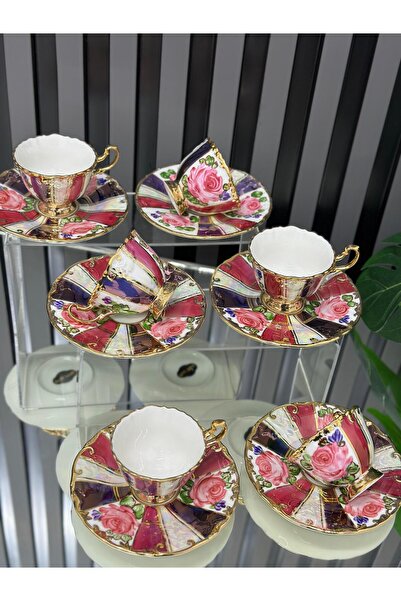 BY.RAYKA PORSELEN El Dekor Purple Minaj Porcelain Hand-Painted 6-Piece Cup Set