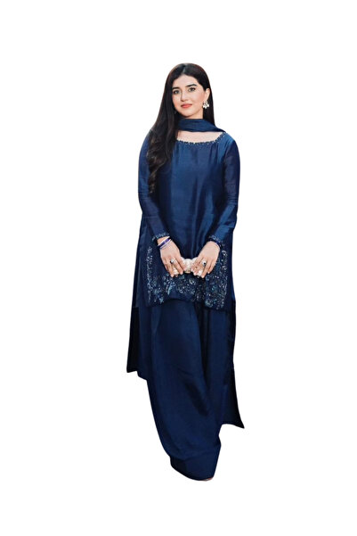 MYSMAR Blue Crepe Silk Salwar Kameez & Dupatta - HRT3110 - Blue