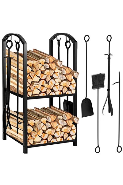 flamma Suport Lemne Etajat pentru Șemineu cu Accesorii Incluse, Metalic