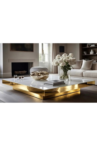 LUXURY VİLLA LUXURY GOLD AYNALI BEYAZ CAMLI DEKORATIF ORTA SEHPA 100 × 100 YÜ...