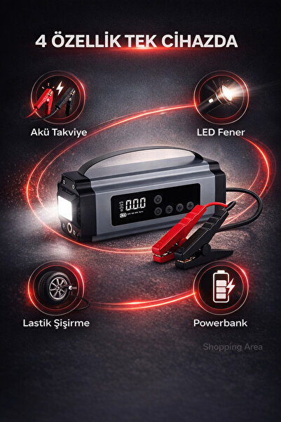 Shopping Area Taşınabilir Akü Takviye Cihazı Kompresör Powerbank LED Fener Ac...