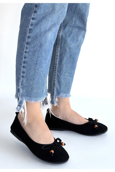 BESKAR Pantofi balerini din piele neagră Cear, din piele întoarsă pudrată