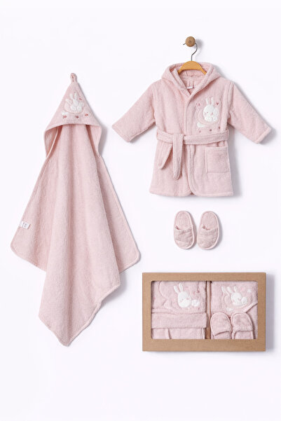 moukou Tavşan Ay Desenli %100 Pamuk Bebek Bornoz Seti 4 Parça – Kapüşonlu Hav...