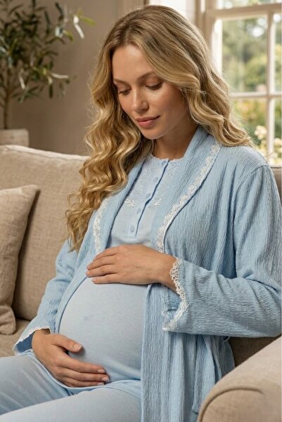 Lohusa Homewear New Season Blue Maternity Shawl Collar Jacquard Summer Button...